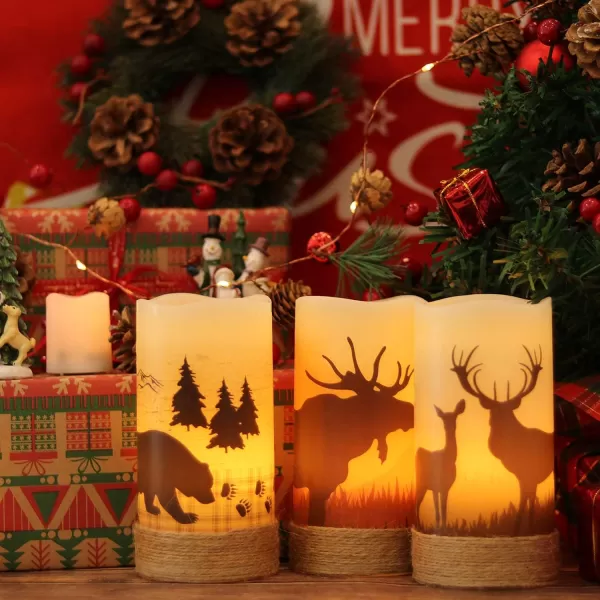 Eldnacele Flameless Flickering Candles Deer Moose Bear Decal with Hemp Rope and 6H Timer Battery Operated LED Pillar Candles Real Wax Home Dcor Christmas and Gift Set of 3Deer