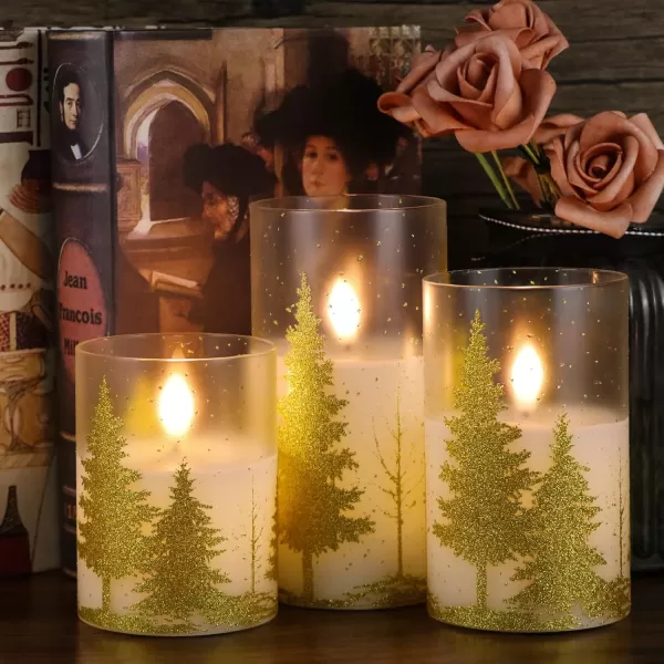 Eldnacele Flameless Flickering Candles Deer Moose Bear Decal with Hemp Rope and 6H Timer Battery Operated LED Pillar Candles Real Wax Home Dcor Christmas and Gift Set of 3Gold