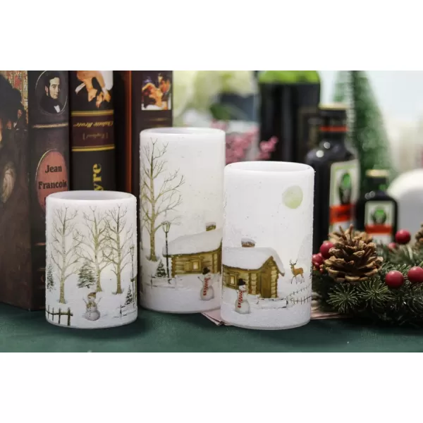 Eldnacele Flameless Flickering Candles Deer Moose Bear Decal with Hemp Rope and 6H Timer Battery Operated LED Pillar Candles Real Wax Home Dcor Christmas and Gift Set of 3Snowman