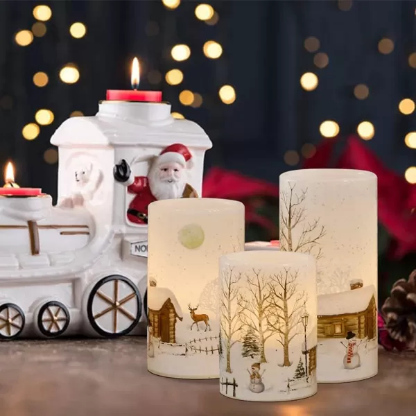 Eldnacele Flameless Flickering Candles Deer Moose Bear Decal with Hemp Rope and 6H Timer Battery Operated LED Pillar Candles Real Wax Home Dcor Christmas and Gift Set of 3Snowman