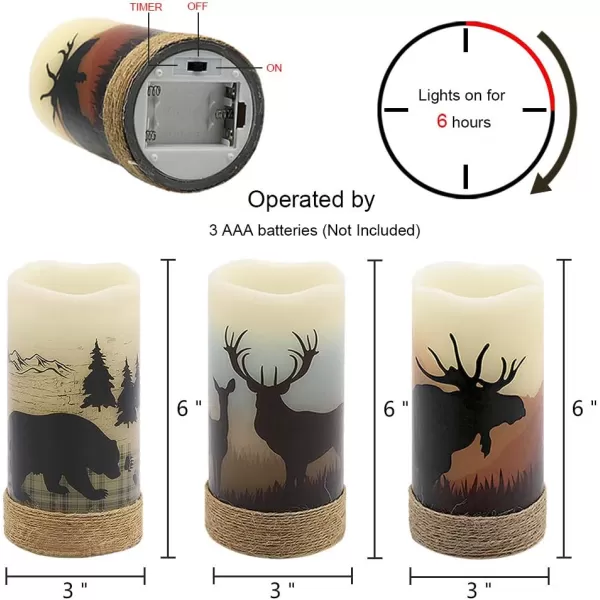 Eldnacele Flameless Flickering Candles Deer Moose Bear Decal with Hemp Rope and 6H Timer Battery Operated LED Pillar Candles Real Wax Home Dcor Christmas and Gift Set of 3Deer