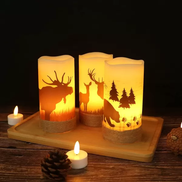 Eldnacele Flameless Flickering Candles Deer Moose Bear Decal with Hemp Rope and 6H Timer Battery Operated LED Pillar Candles Real Wax Home Dcor Christmas and Gift Set of 3Deer