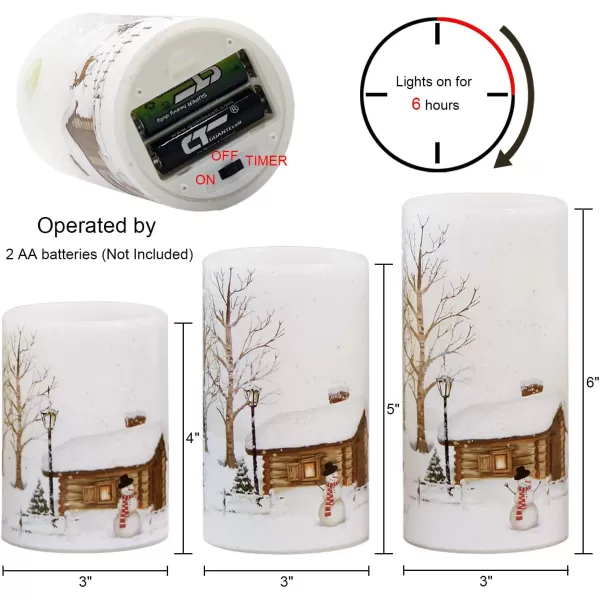 Eldnacele Flameless Flickering Candles Deer Moose Bear Decal with Hemp Rope and 6H Timer Battery Operated LED Pillar Candles Real Wax Home Dcor Christmas and Gift Set of 3Snowman