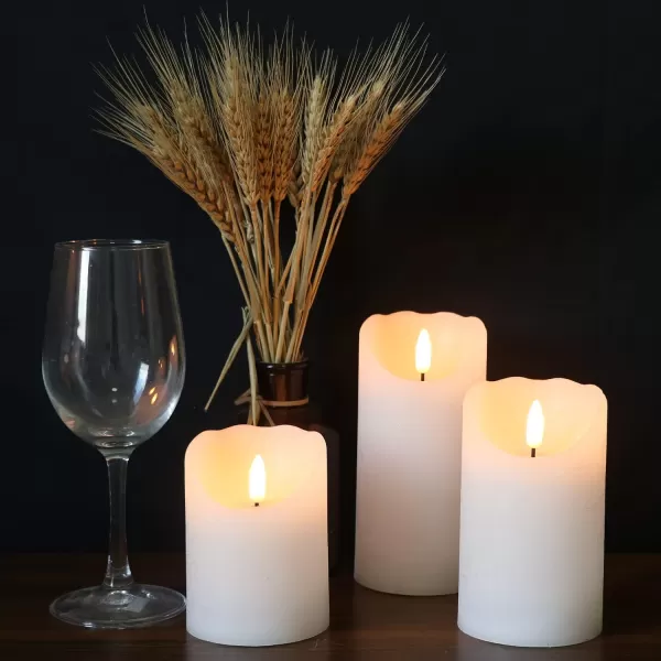Eldnacele Flameless Flickering Candles with Remote Timer 3D Wick Real Wax Battery Operated White Pillar Candles with Remote Set of 3 for Home Wedding Party Christmas Decoration D3 x H456White with Remote