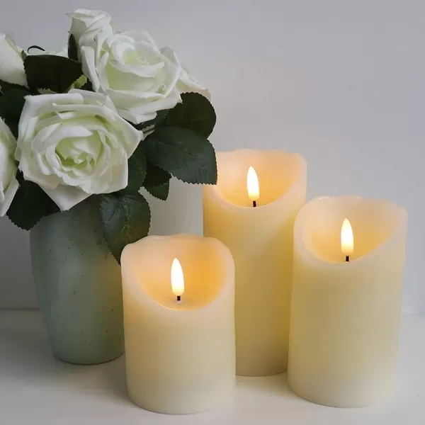 Eldnacele Flameless Flickering Candles with Remote Timer 3D Wick Real Wax Battery Operated White Pillar Candles with Remote Set of 3 for Home Wedding Party Christmas Decoration D3 x H456Ivory with Remote