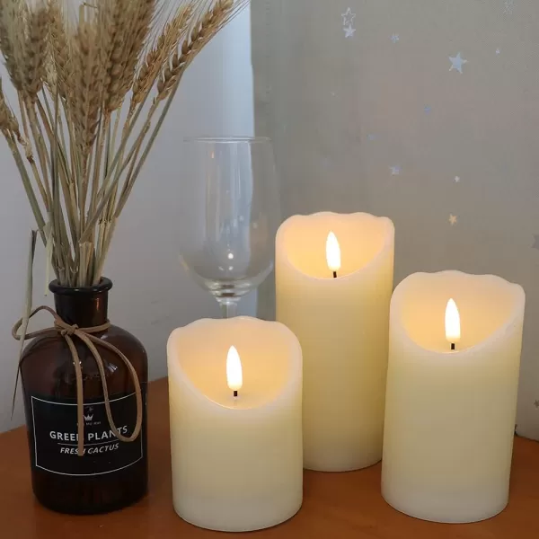 Eldnacele Flameless Flickering Candles with Remote Timer 3D Wick Real Wax Battery Operated White Pillar Candles with Remote Set of 3 for Home Wedding Party Christmas Decoration D3 x H456Ivory with Remote