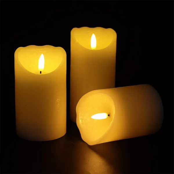 Eldnacele Flameless Flickering Candles with Remote Timer 3D Wick Real Wax Battery Operated White Pillar Candles with Remote Set of 3 for Home Wedding Party Christmas Decoration D3 x H456Ivory with Remote