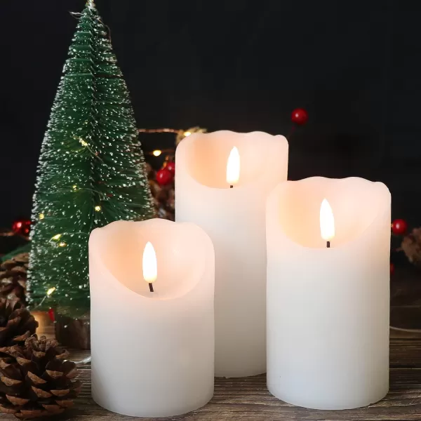 Eldnacele Flameless Flickering Candles with Remote Timer 3D Wick Real Wax Battery Operated White Pillar Candles with Remote Set of 3 for Home Wedding Party Christmas Decoration D3 x H456White with Remote
