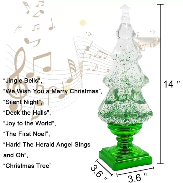 Eldnacele Musical 14quot Lightup Christmas Tree Snow Globe Water Glittering Tree Clear Acrylic with USB Line and 6 Hours Timer for Home DecorationGreen
