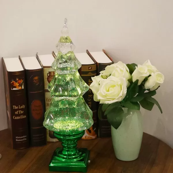Eldnacele Musical 14quot Lightup Christmas Tree Snow Globe Water Glittering Tree Clear Acrylic with USB Line and 6 Hours Timer for Home DecorationGreen