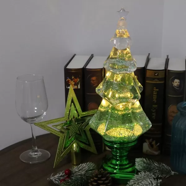Eldnacele Musical 14quot Lightup Christmas Tree Snow Globe Water Glittering Tree Clear Acrylic with USB Line and 6 Hours Timer for Home DecorationGreen