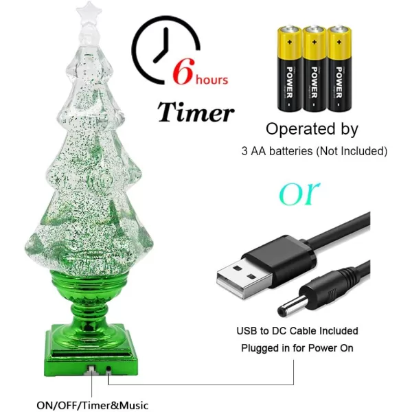 Eldnacele Musical 14quot Lightup Christmas Tree Snow Globe Water Glittering Tree Clear Acrylic with USB Line and 6 Hours Timer for Home DecorationGreen