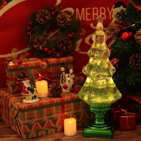 Eldnacele Musical 14quot Lightup Christmas Tree Snow Globe Water Glittering Tree Clear Acrylic with USB Line and 6 Hours Timer for Home DecorationGreen
