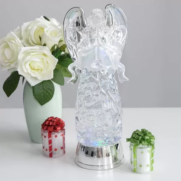 Eldnacele Snow Globe Angel with Trumpet Lighted Water Glittering Swirling Crystal Angel StatueTimer Battery Operated Sparkling MultiColor Changing Praying Angel Figurine for Christmas DecorationHorner