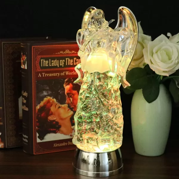 Eldnacele Snow Globe Angel with Trumpet Lighted Water Glittering Swirling Crystal Angel StatueTimer Battery Operated Sparkling MultiColor Changing Praying Angel Figurine for Christmas DecorationViolinist