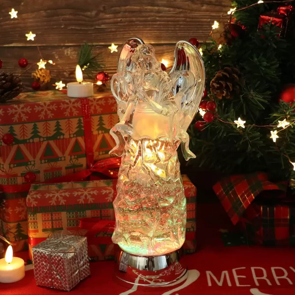 Eldnacele Snow Globe Angel with Trumpet Lighted Water Glittering Swirling Crystal Angel StatueTimer Battery Operated Sparkling MultiColor Changing Praying Angel Figurine for Christmas DecorationHorner