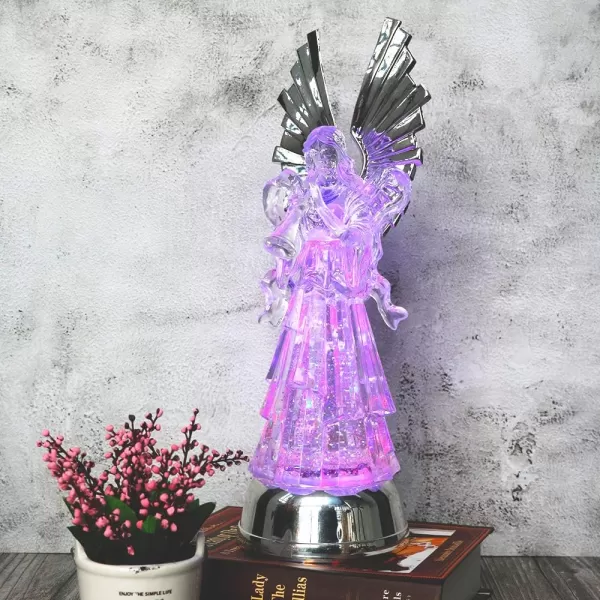 Eldnacele Snow Globe Angel with Trumpet Lighted Water Glittering Swirling Crystal Angel StatueTimer Battery Operated Sparkling MultiColor Changing Praying Angel Figurine for Christmas DecorationAngel With Trumpet