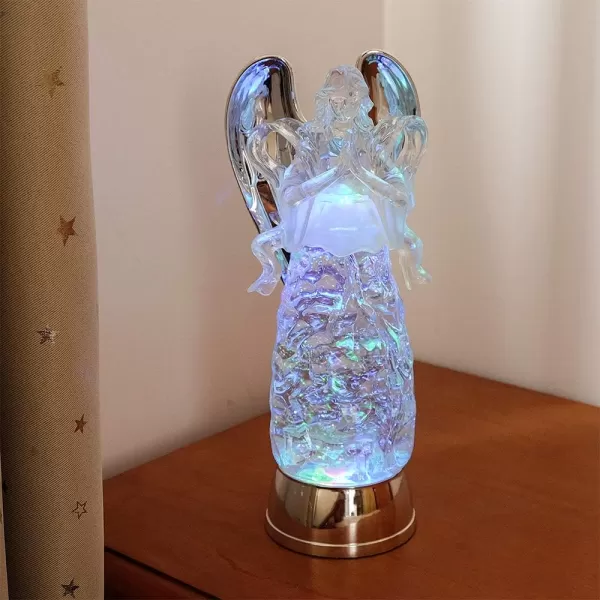 Eldnacele Snow Globe Angel with Trumpet Lighted Water Glittering Swirling Crystal Angel StatueTimer Battery Operated Sparkling MultiColor Changing Praying Angel Figurine for Christmas DecorationPrayer