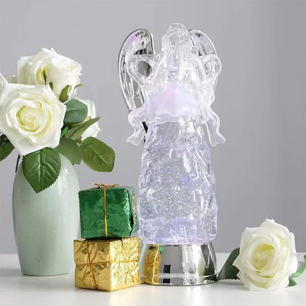 Eldnacele Snow Globe Angel with Trumpet Lighted Water Glittering Swirling Crystal Angel StatueTimer Battery Operated Sparkling MultiColor Changing Praying Angel Figurine for Christmas DecorationBible