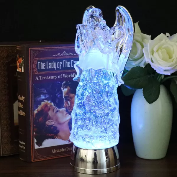 Eldnacele Snow Globe Angel with Trumpet Lighted Water Glittering Swirling Crystal Angel StatueTimer Battery Operated Sparkling MultiColor Changing Praying Angel Figurine for Christmas DecorationBible