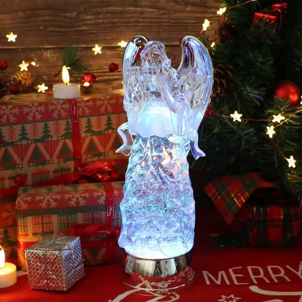 Eldnacele Snow Globe Angel with Trumpet Lighted Water Glittering Swirling Crystal Angel StatueTimer Battery Operated Sparkling MultiColor Changing Praying Angel Figurine for Christmas DecorationBible