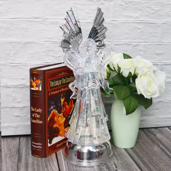 Eldnacele Snow Globe Angel with Trumpet Lighted Water Glittering Swirling Crystal Angel StatueTimer Battery Operated Sparkling MultiColor Changing Praying Angel Figurine for Christmas DecorationPraying Angel