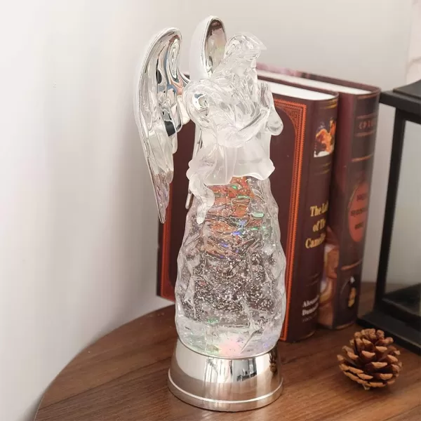 Eldnacele Snow Globe Angel with Trumpet Lighted Water Glittering Swirling Crystal Angel StatueTimer Battery Operated Sparkling MultiColor Changing Praying Angel Figurine for Christmas DecorationPrayer