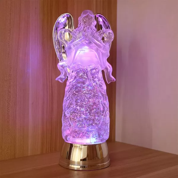 Eldnacele Snow Globe Angel with Trumpet Lighted Water Glittering Swirling Crystal Angel StatueTimer Battery Operated Sparkling MultiColor Changing Praying Angel Figurine for Christmas DecorationPrayer