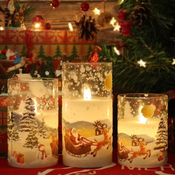 Eldnacele Snowman Glass Flameless Candles with Remote Timer Battery Operated Flickering LED Pillar Candles 3 Pack Warm White Light Christmas Decal Candles Set of 3 D3 x H 4 5 6  SnowmanSanta