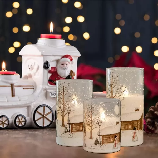 Eldnacele Snowman Glass Flameless Candles with Remote Timer Battery Operated Flickering LED Pillar Candles 3 Pack Warm White Light Christmas Decal Candles Set of 3 D3 x H 4 5 6  SnowmanSnowman