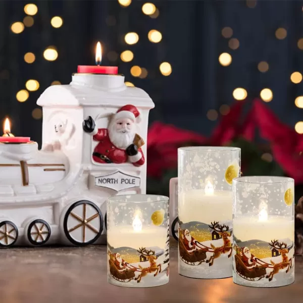 Eldnacele Snowman Glass Flameless Candles with Remote Timer Battery Operated Flickering LED Pillar Candles 3 Pack Warm White Light Christmas Decal Candles Set of 3 D3 x H 4 5 6  SnowmanSanta