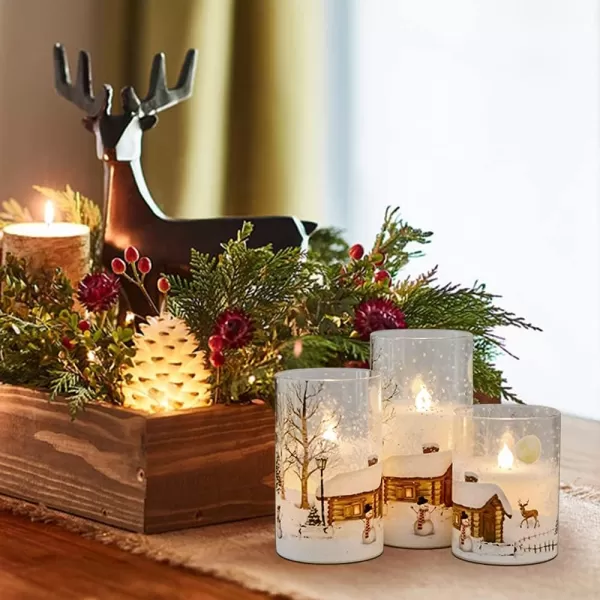 Eldnacele Snowman Glass Flameless Candles with Remote Timer Battery Operated Flickering LED Pillar Candles 3 Pack Warm White Light Christmas Decal Candles Set of 3 D3 x H 4 5 6  SnowmanSnowman