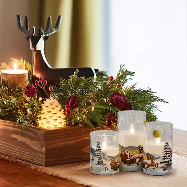 Eldnacele Snowman Glass Flameless Candles with Remote Timer Battery Operated Flickering LED Pillar Candles 3 Pack Warm White Light Christmas Decal Candles Set of 3 D3 x H 4 5 6  SnowmanSanta