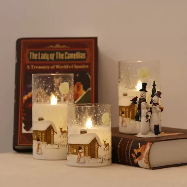 Eldnacele Snowman Glass Flameless Candles with Remote Timer Battery Operated Flickering LED Pillar Candles 3 Pack Warm White Light Christmas Decal Candles Set of 3 D3 x H 4 5 6  SnowmanSnowman