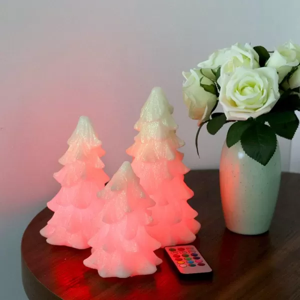 Eldnacele Tree Shaped Christmas Flameless Flilckering Candles Color Changing with 18Key Remote and Timer Set of 3 Battery Opeated Glitterring LED Candles Seasonal Decoration Ivory3 Pack Ivory