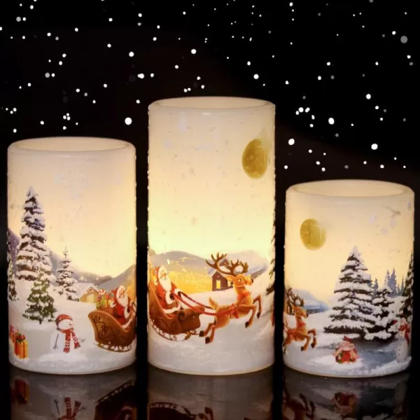 Eldnacele Flameless Flickering Candles Deer Moose Bear Decal with Hemp Rope and 6H Timer Battery Operated LED Pillar Candles Real Wax Home Dcor Christmas and Gift Set of 3Santa