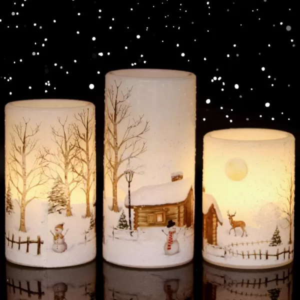 Eldnacele Flameless Flickering Candles Deer Moose Bear Decal with Hemp Rope and 6H Timer Battery Operated LED Pillar Candles Real Wax Home Dcor Christmas and Gift Set of 3Snowman