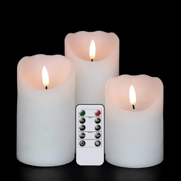 Eldnacele Flameless Flickering Candles with Remote Timer 3D Wick Real Wax Battery Operated White Pillar Candles with Remote Set of 3 for Home Wedding Party Christmas Decoration D3 x H456White with Remote