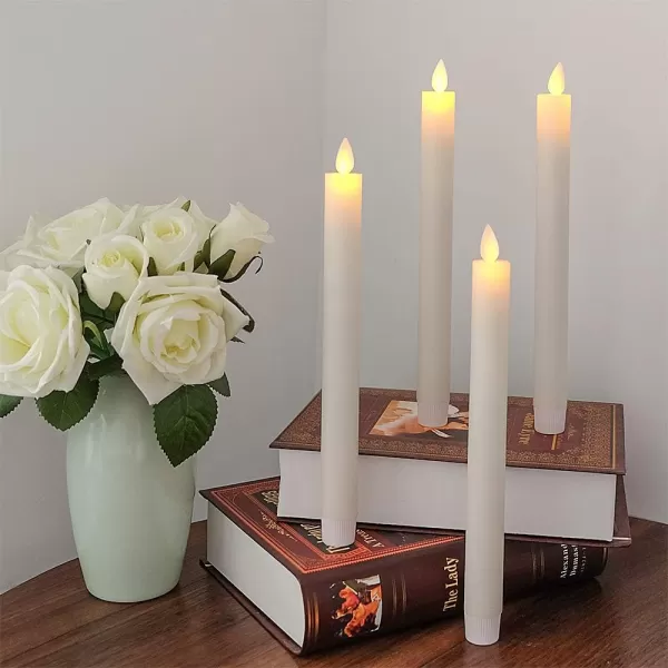 Eldnacele Flameless Flickering Taper Candles with Remote and Timer Window Candles Warm Real Wax Unscented 952 Pack White for Home Wedding Party Christmas Decoration4 Pack Ivory