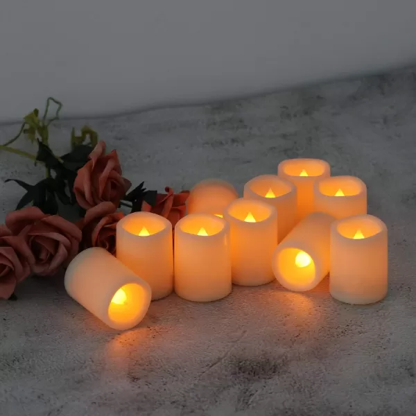 Eldnacele Flameless Flickering Votive Candles with Remote Battery Operated Remote Votive Candles Light 10 Pack LED Realistic Warm White Flame Decorative White CandlesD15 xH210 Pack