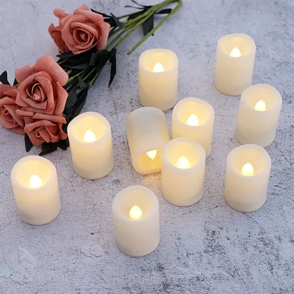 Eldnacele Flameless Flickering Votive Candles with Remote Battery Operated Remote Votive Candles Light 10 Pack LED Realistic Warm White Flame Decorative White CandlesD15 xH210 Pack