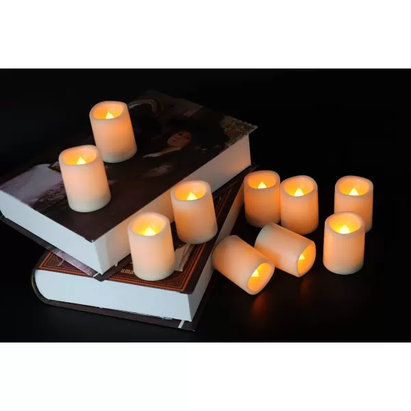 Eldnacele Flameless Flickering Votive Candles with Remote Battery Operated Remote Votive Candles Light 10 Pack LED Realistic Warm White Flame Decorative White CandlesD15 xH210 Pack