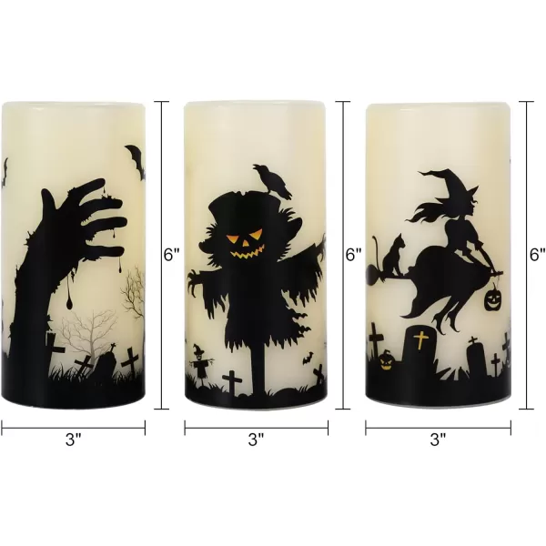 Eldnacele Halloween Flameless Candles LED Flickering Battery Pillar Candles with 6H Timer and Pumpkin Decals Spooky Fall Halloween Festival Party Decoration Set of 3 D 3 x H 4 5 6GIVORY