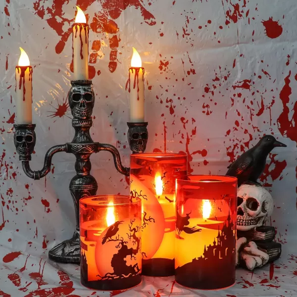 Eldnacele Halloween Flameless Candles LED Flickering Battery Pillar Candles with 6H Timer and Pumpkin Decals Spooky Fall Halloween Festival Party Decoration Set of 3 D 3 x H 4 5 6ERed