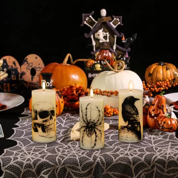 Eldnacele Halloween Flameless Candles LED Flickering Battery Pillar Candles with 6H Timer and Pumpkin Decals Spooky Fall Halloween Festival Party Decoration Set of 3 D 3 x H 4 5 6HSkull with Remote