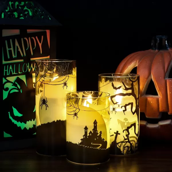 Eldnacele Halloween Flameless Candles LED Flickering Battery Pillar Candles with 6H Timer and Pumpkin Decals Spooky Fall Halloween Festival Party Decoration Set of 3 D 3 x H 4 5 6FGreen