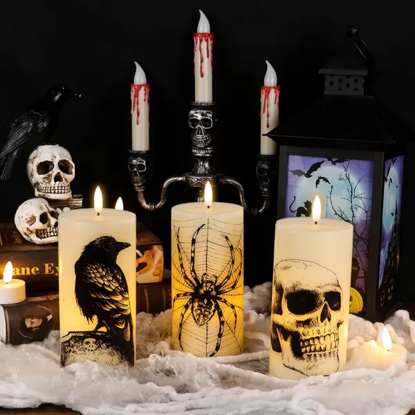 Eldnacele Halloween Flameless Candles LED Flickering Battery Pillar Candles with 6H Timer and Pumpkin Decals Spooky Fall Halloween Festival Party Decoration Set of 3 D 3 x H 4 5 6HSkull with Remote