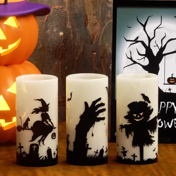Eldnacele Halloween Flameless Candles LED Flickering Battery Pillar Candles with 6H Timer and Pumpkin Decals Spooky Fall Halloween Festival Party Decoration Set of 3 D 3 x H 4 5 6GIVORY
