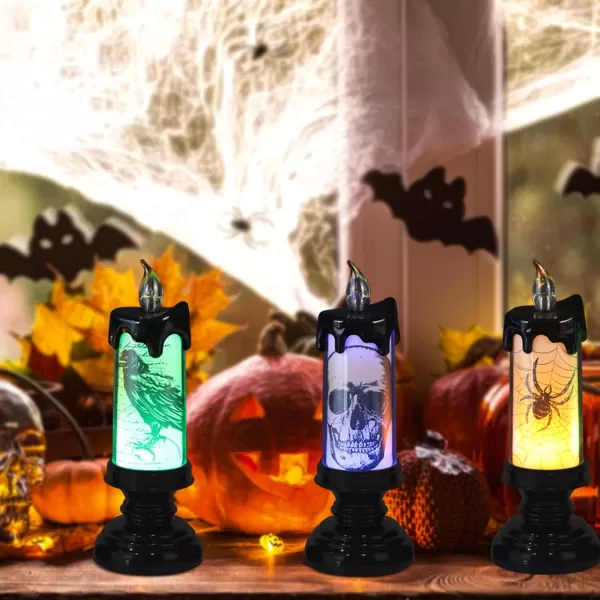 Eldnacele Halloween Flameless Candles LED Flickering Battery Pillar Candles with 6H Timer and Pumpkin Decals Spooky Fall Halloween Festival Party Decoration Set of 3 D 3 x H 4 5 6BSkull Lights