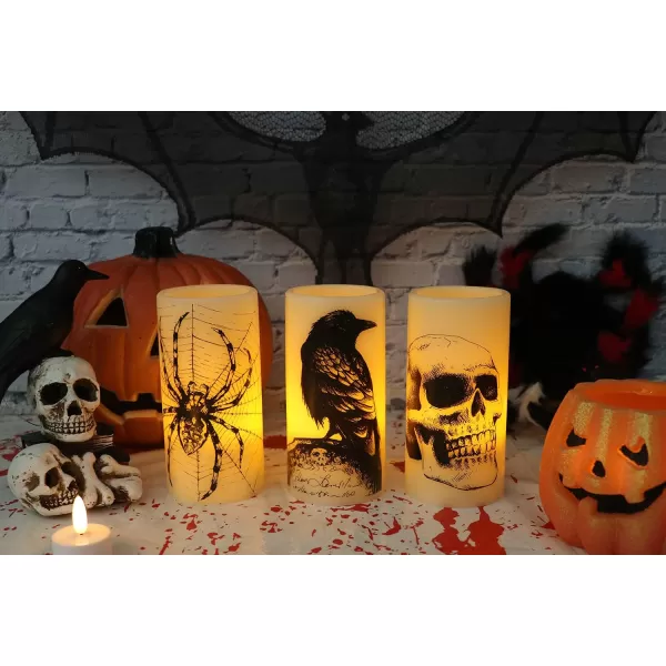 Eldnacele Halloween Flameless Candles LED Flickering Battery Pillar Candles with 6H Timer and Pumpkin Decals Spooky Fall Halloween Festival Party Decoration Set of 3 D 3 x H 4 5 6ASkull